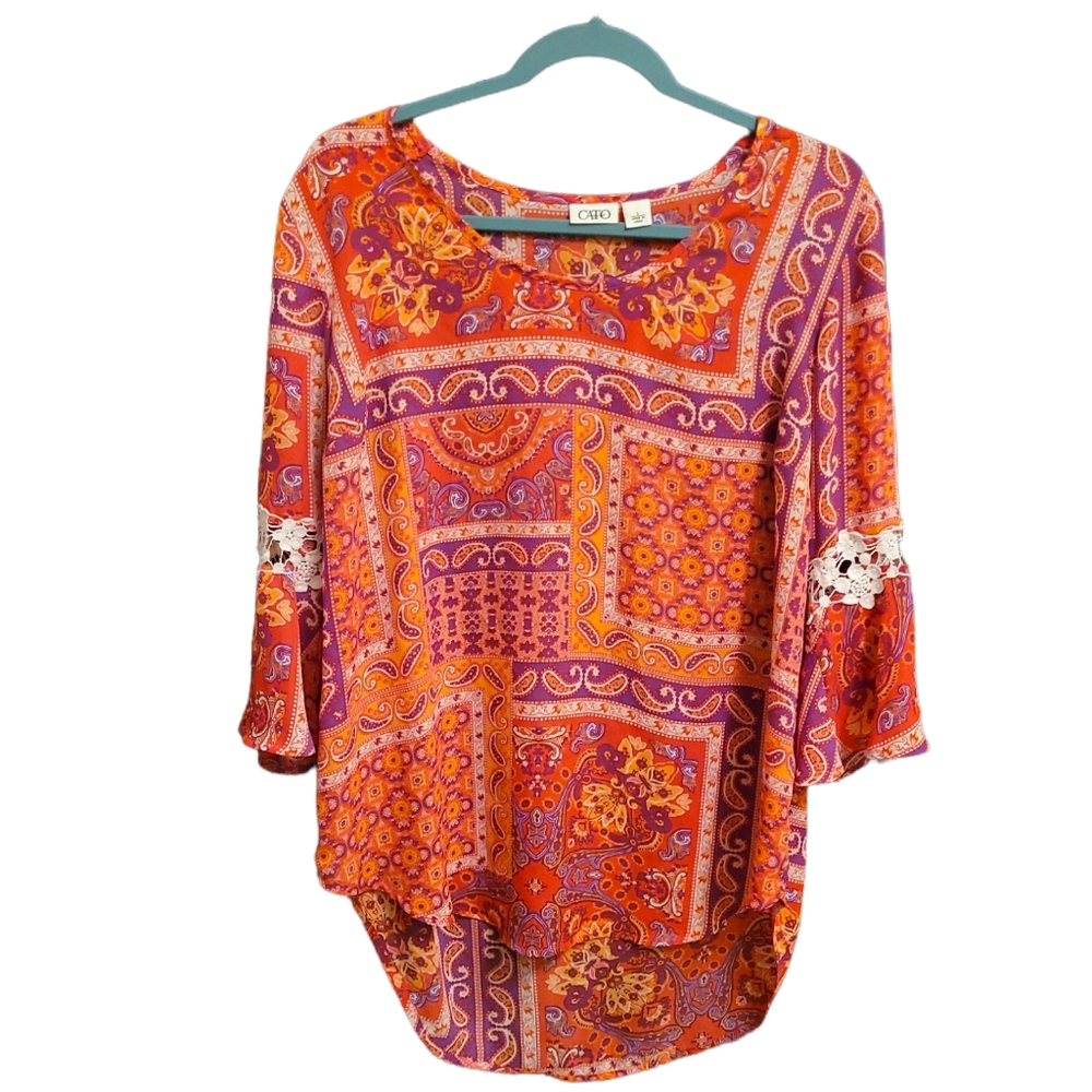Women's Orange Tribal Print Paisley Lace Flowy Blouse